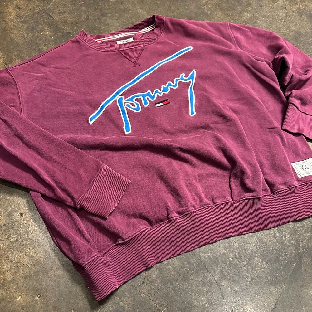 Tommy Hilfiger Mens Large Crewneck Sweatshirt Burgundy Spellout Logo Graphic